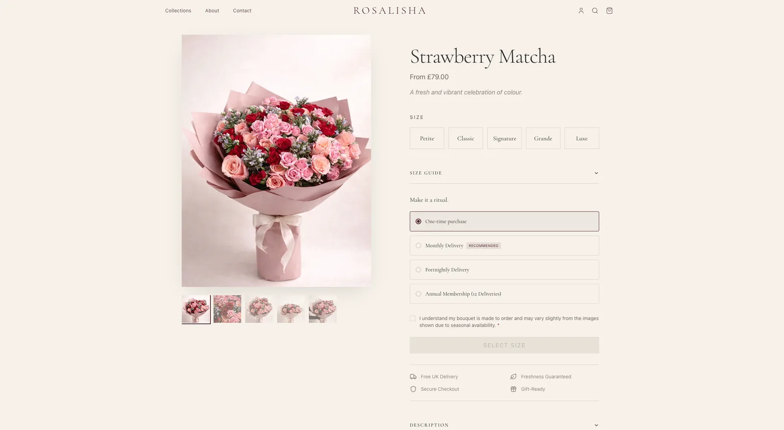 Rosalisha Bouquets product page with subscription options